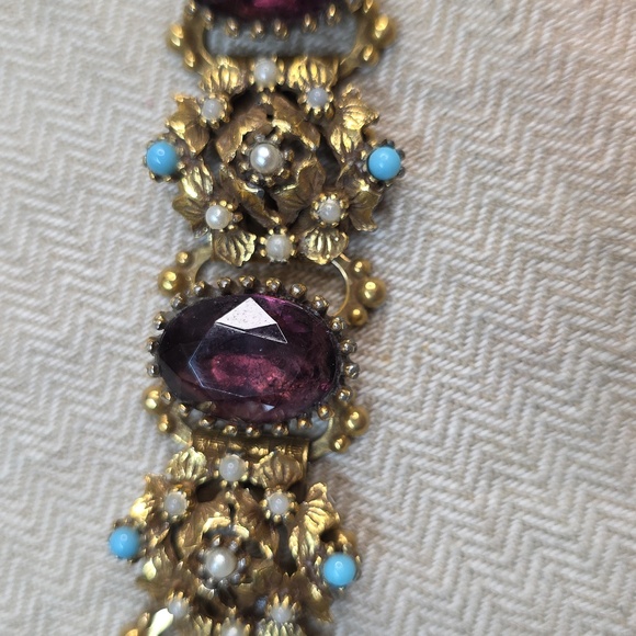 Vintage Purple Glass Chunky Book Chain Bracelet, Gold toned, 1950's 1960's SZ 7 - Picture 4 of 9